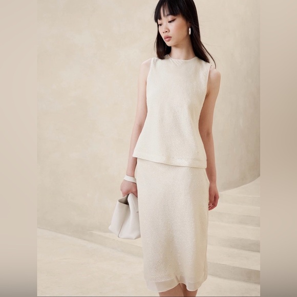 SET BR BIANCA SHIMMERY SLIP SKIRT & CREW NECK SLEEVELESS TANK SET XS XXS CREAM - Picture 2 of 16